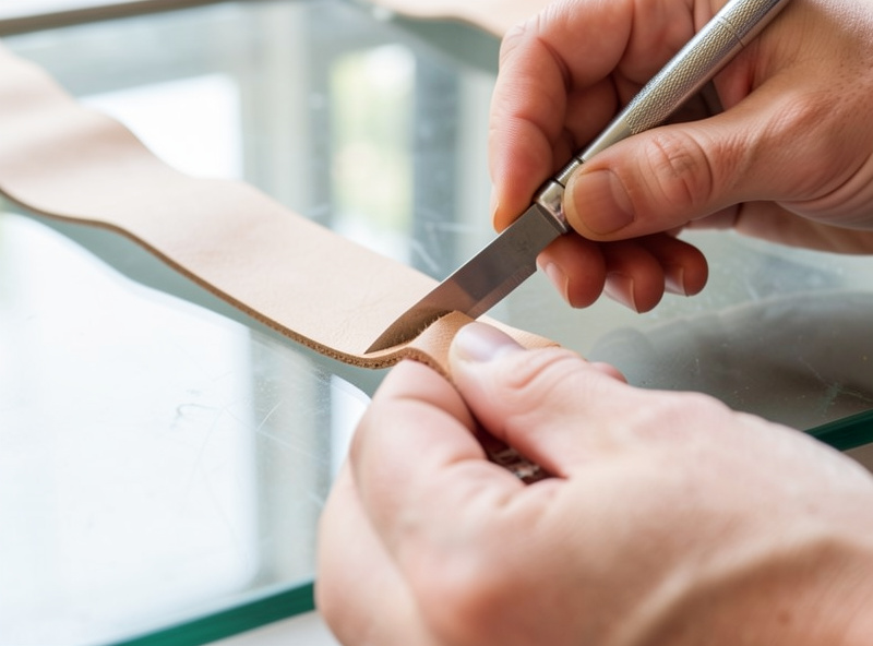Hands skiving the edge of thin soft garment leather with a French skiving knife, a thin curl peeling away