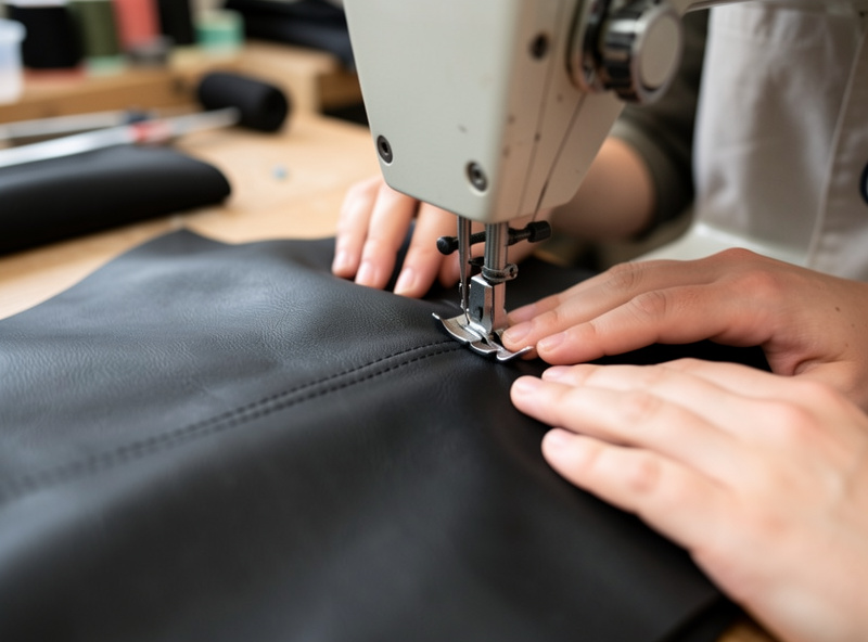 A walking-foot sewing machine stitching a seam in soft black garment leather with hands guiding the panel