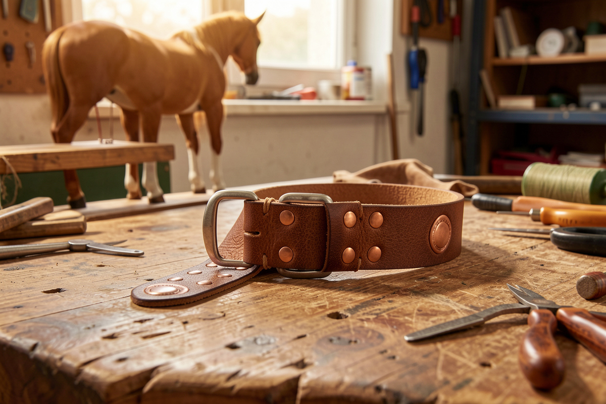 Leather strap end folded through a buckle and saddle-stitched with copper rivets as backup