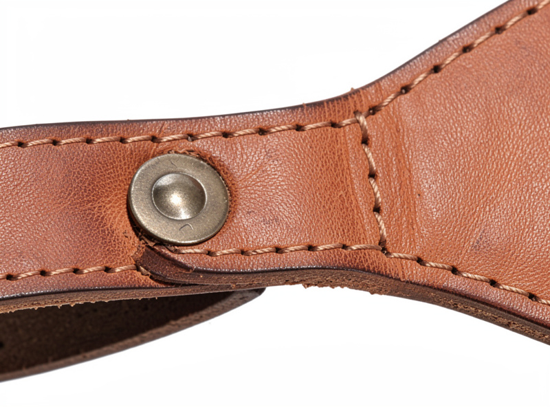 Stitched fold-back anchoring a swivel snap to a leather strap with a tight saddle stitch line