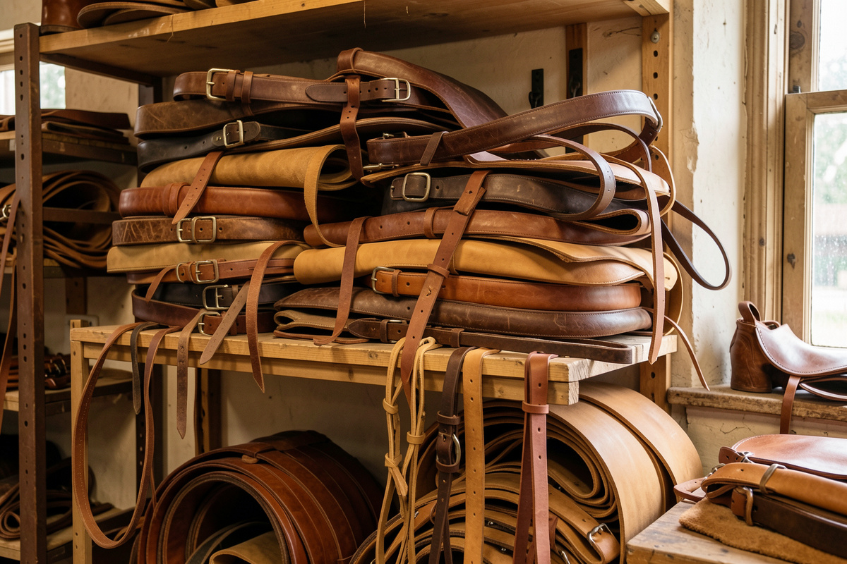 Stacked leather bends and shoulders on a workshop shelf including bridle, harness, and veg-tan