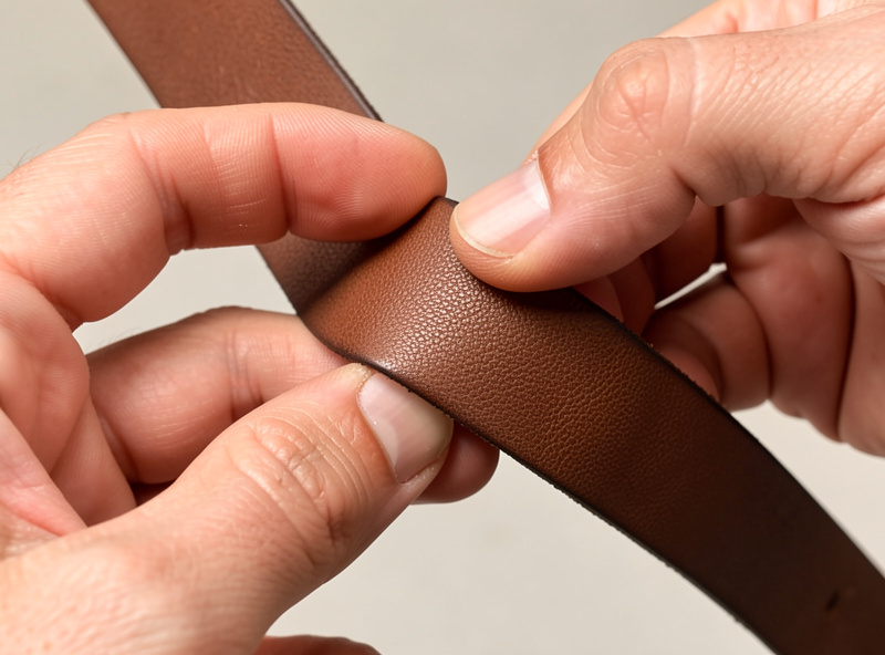 Hands bending a firm bridle leather strap showing low stretch and dense temper