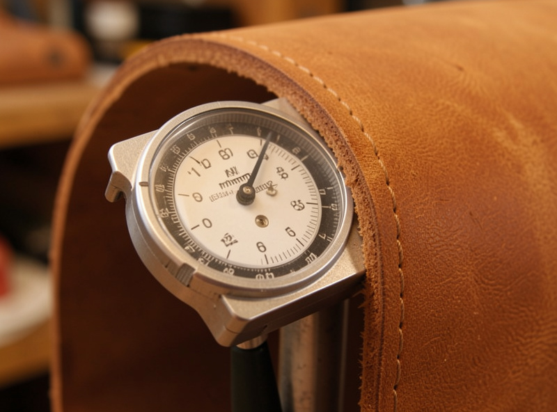 Leather thickness gauge measuring the edge of a veg-tan shoulder showing the millimeter dial
