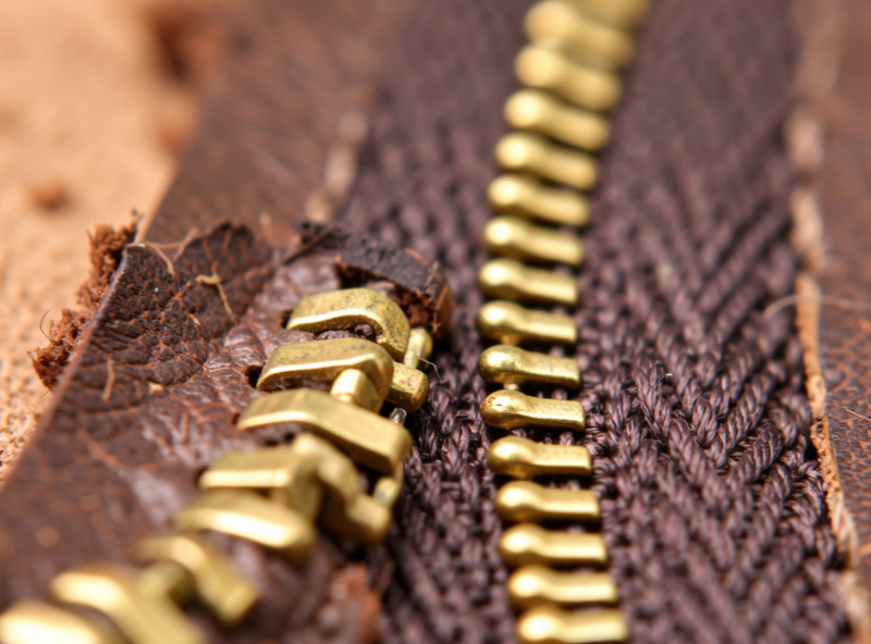 Macro comparison of brass metal zipper teeth beside nylon coil teeth on a leather scrap