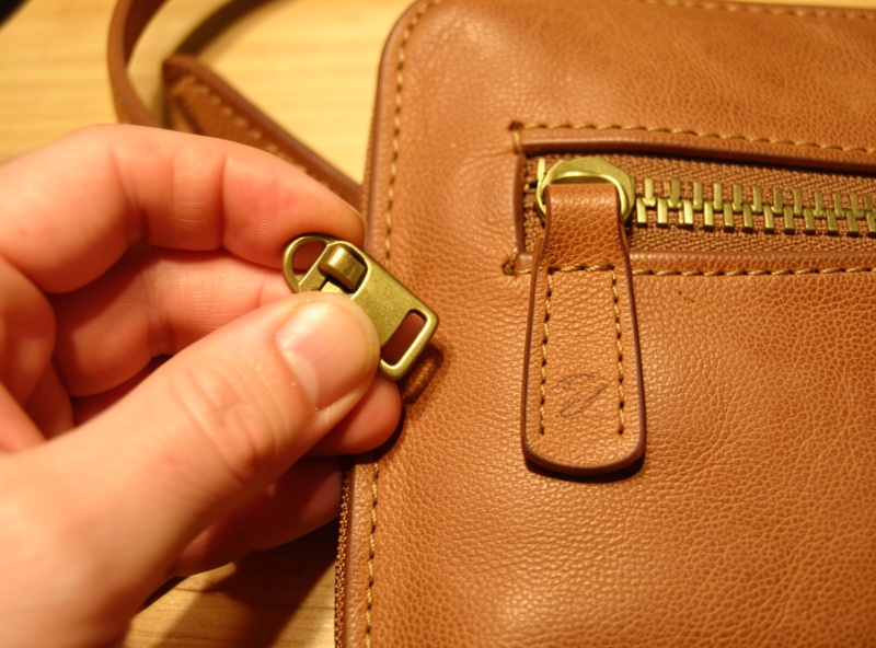 Hand holding a brass zipper slider next to a finished leather pull tab on a hand-stitched pouch