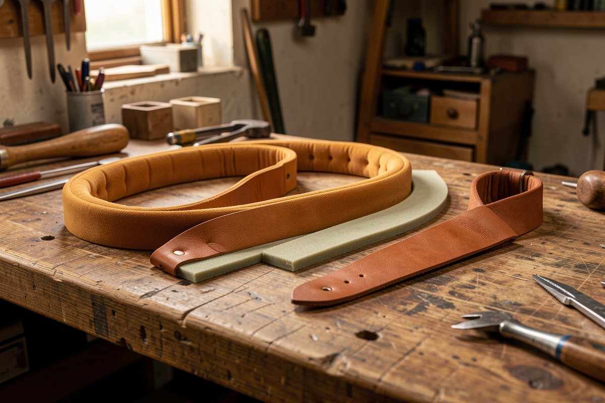 Padded leather camera strap in progress showing firm core, foam shim, and soft wrap