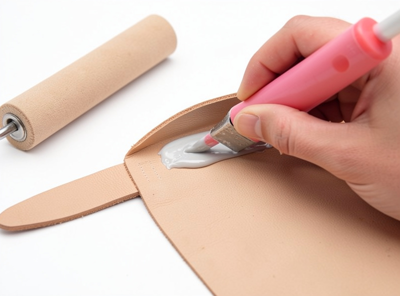 Hands gluing a soft leather lining to the back of a firm strap with contact cement