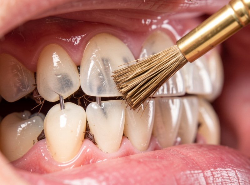 Macro of pricking iron teeth being brushed clean with a small brass brush, wax and leather fibers visible between the polished teeth