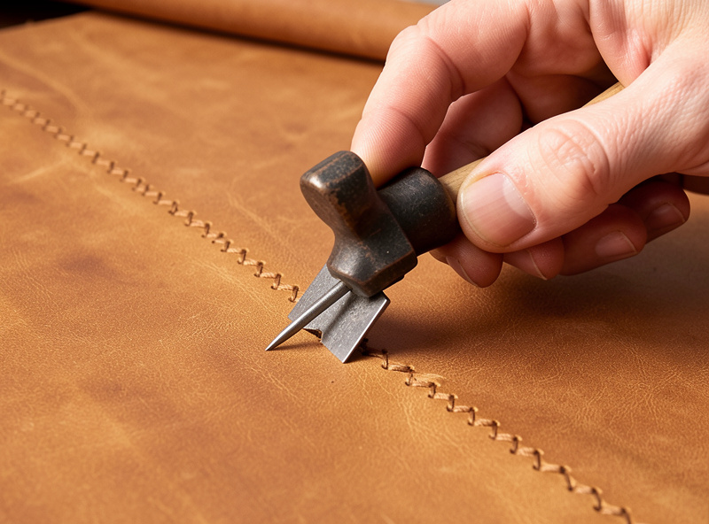Hands driving a pricking iron into vegetable-tanned leather with a poly mallet, clean diamond stitch marks appearing along the line