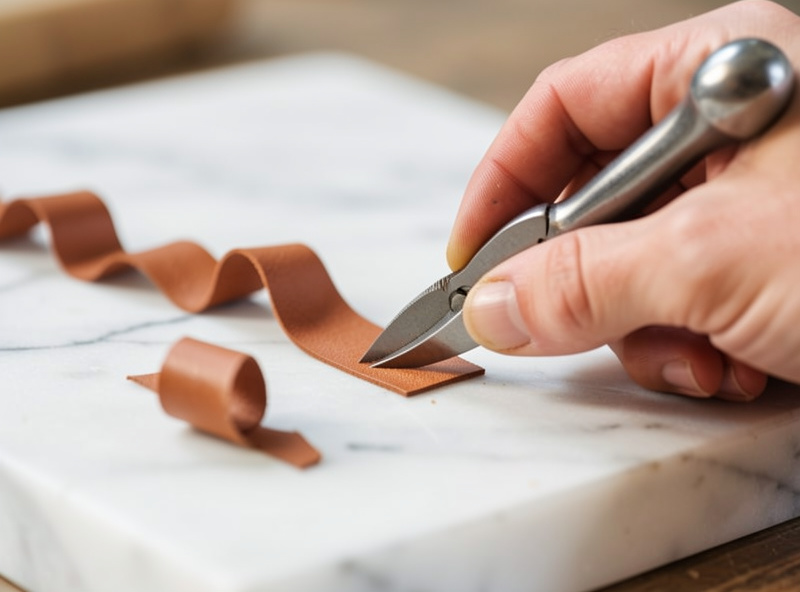 Hand skiving a small leather tab paper-thin with a French skiver on a marble slab