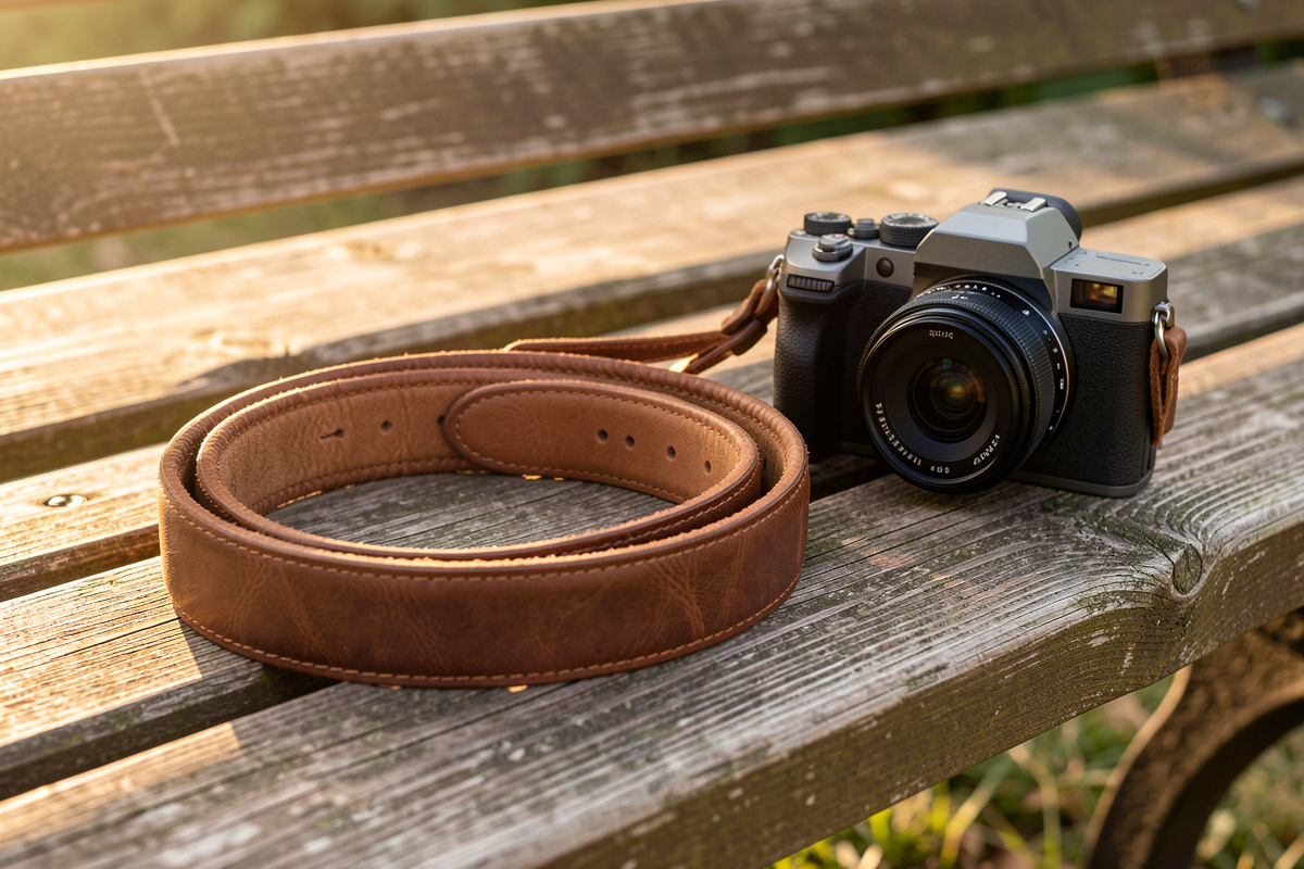 Finished padded leather camera strap coiled on a bench next to a mirrorless camera body