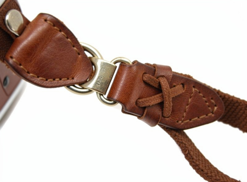 Leather camera strap end connecting to the camera lug with a split ring and leather lug lace