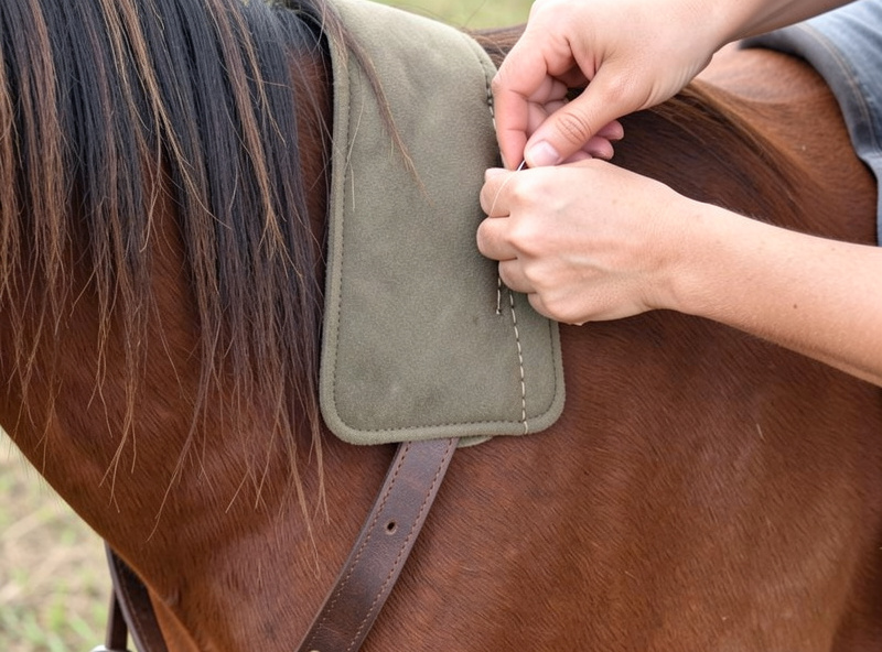 Hands stitching the soft wrap around a padded leather camera strap shoulder section