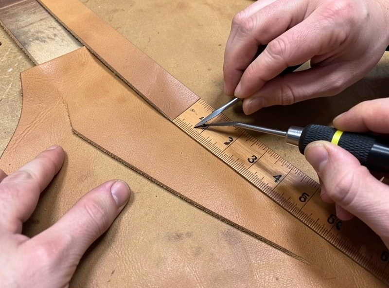 Hands measuring and marking the taper on a wide veg-tan guitar strap blank with a ruler and awl