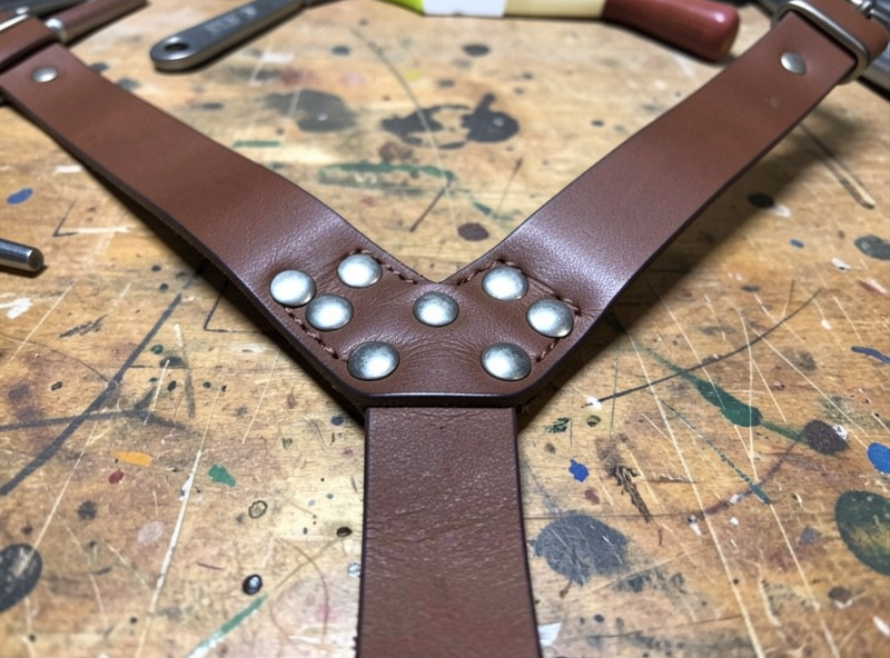 Close-up of the Y-back leather junction where three straps meet, stitched and riveted