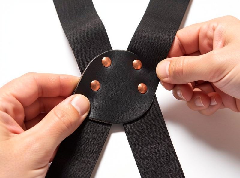 Hands riveting the leather Y-back junction of suspenders with a setter and copper rivets