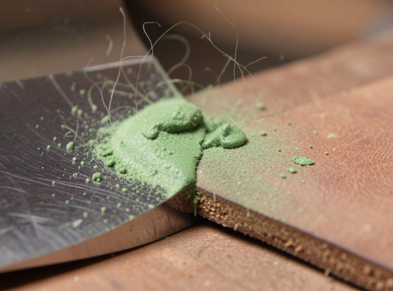 Macro close-up of a convex head-knife edge meeting a leather strop loaded with green chromium-oxide honing compound