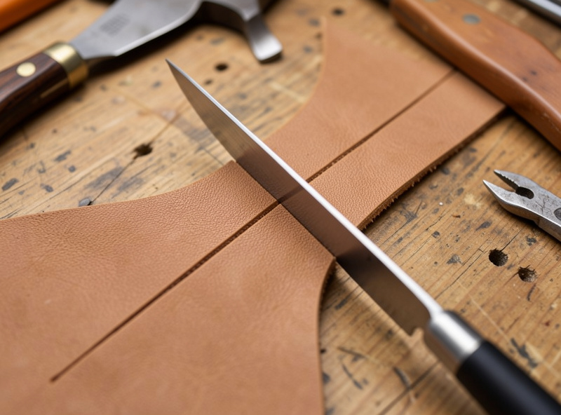 Overhead shot of a head knife slicing cleanly through a strip of vegetable-tanned leather, leaving a crisp closed cut line