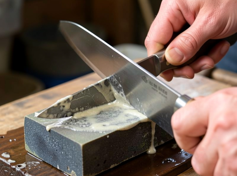 Hands holding a head knife at a shallow convex angle against a water sharpening stone, slurry visible on the surface