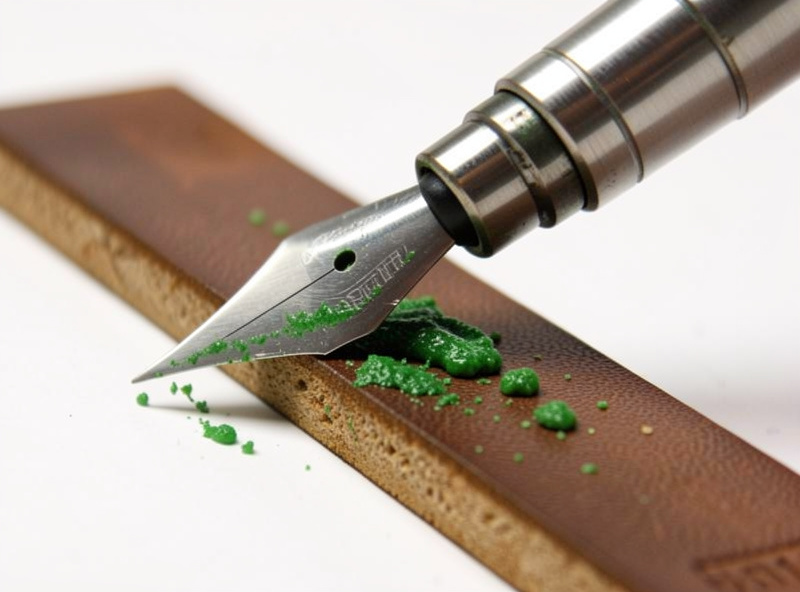 Macro of a cylindrical swivel knife blade drawn edge-trailing across a narrow leather strop charged with green honing compound