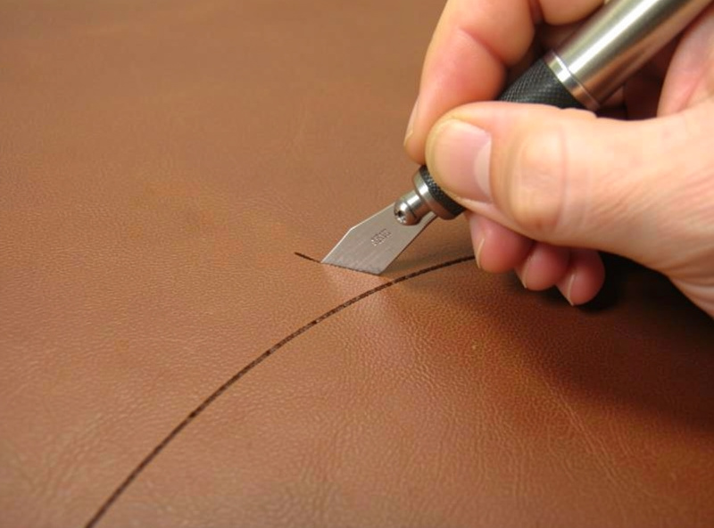 Close-up of a hand holding a swivel knife scribing a smooth curved cut line into cased vegetable-tanned leather