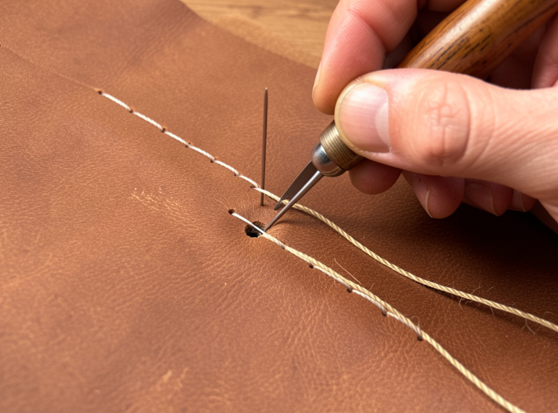 Hands drawing a leather awl through a pre-pierced stitch hole with two needles and waxed thread during saddle stitching