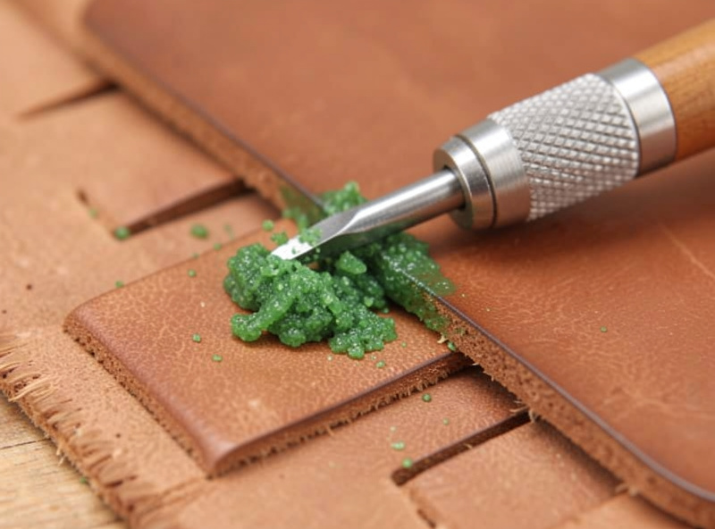 Close-up of a diamond awl being stropped along a grooved leather strop charged with green honing compound