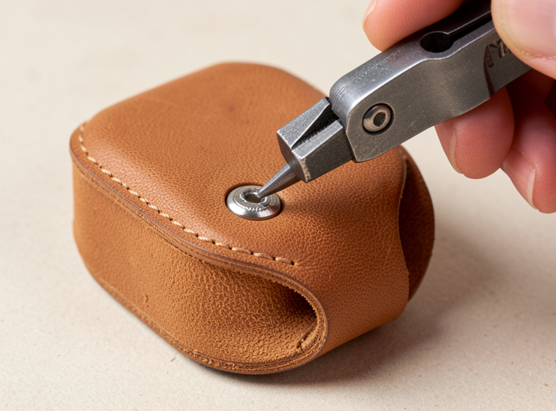 Setting a line-20 snap on a leather AirPods case wrap with a hand setter