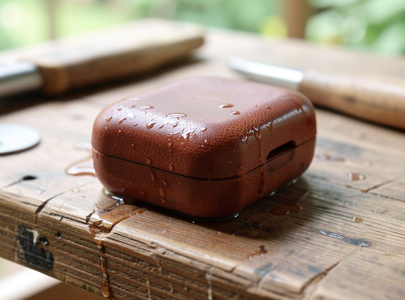 Wet-formed veg-tan leather shell molded to a charging case, drying on the bench