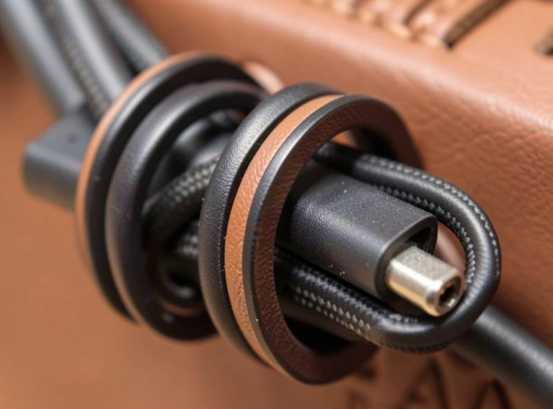 Close-up of elastic loops on a leather cable organizer holding a folded cable and earbuds