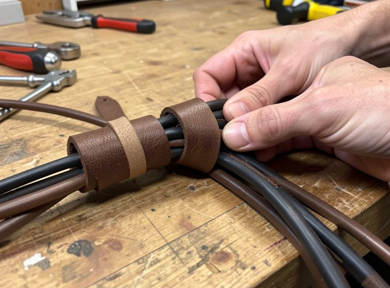 Hands rolling up a leather cable organizer and wrapping the leather tie to close it