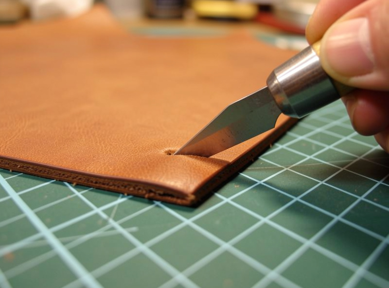 Skiving knife thinning the overlapping corner of a veg-tan leather blank on a cutting mat