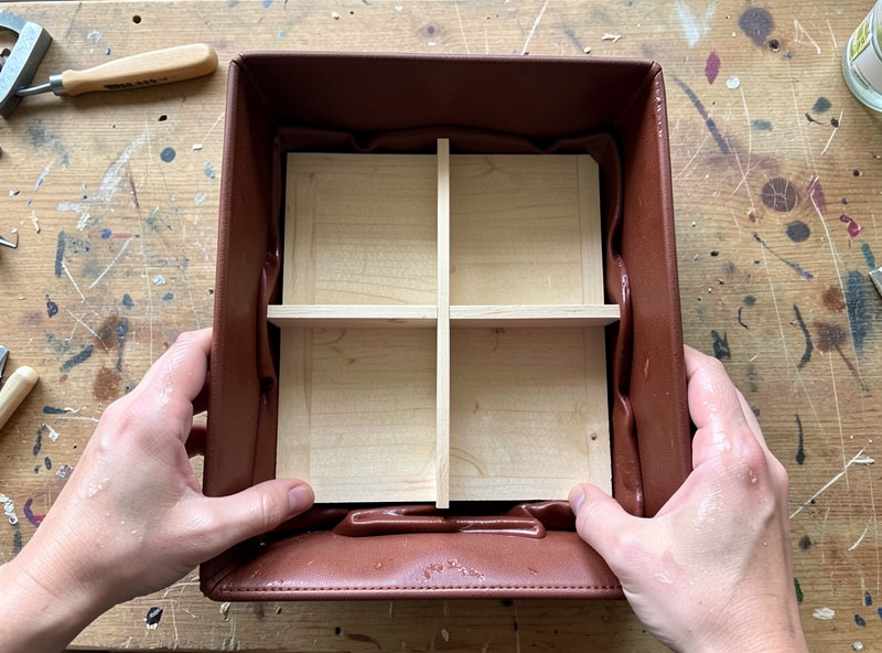 Hands wet-forming the walls of a rectangular leather tray around a wooden form block with dividers