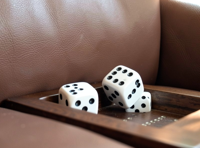 Two dice tumbling and landing softly against the padded leather wall of a dice tray