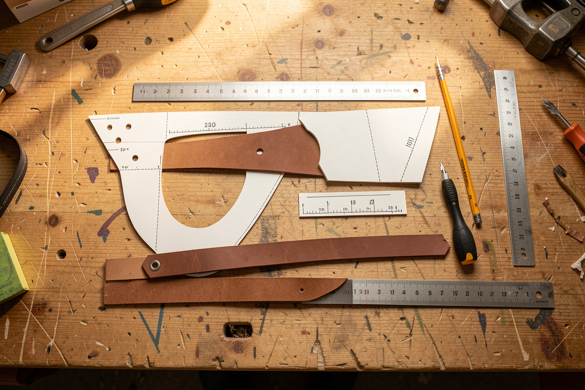 Leather dog harness pattern pieces and cut straps on a workshop bench