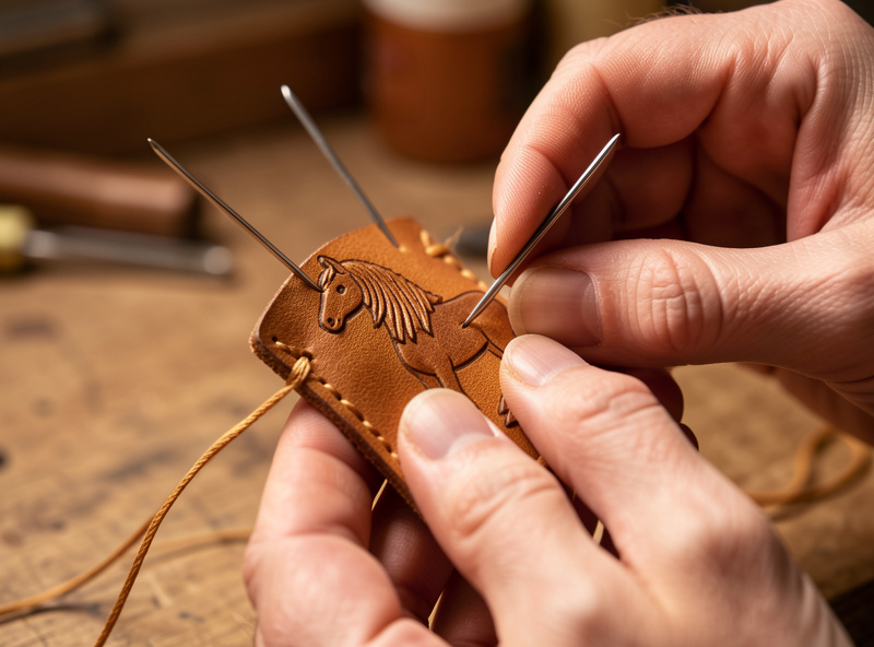 Hand saddle-stitching a small veg-tan leather pocket good with two needles