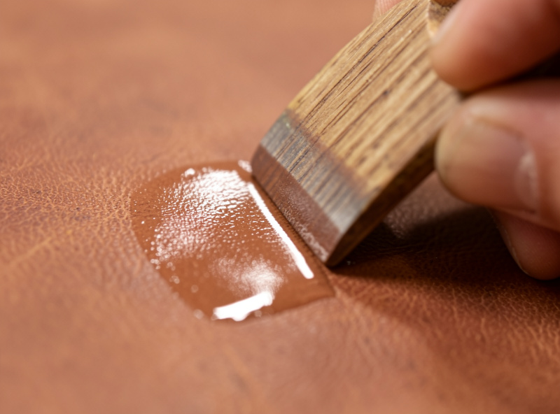 Burnishing the edge of a small veg-tan leather piece with a hardwood slicker