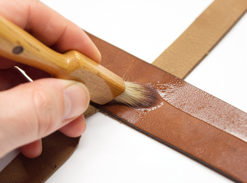 Burnishing the long edge of a flat leather key fob strap with a wooden slicker