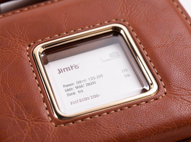 Close-up of the clear window on a leather luggage tag showing an address card