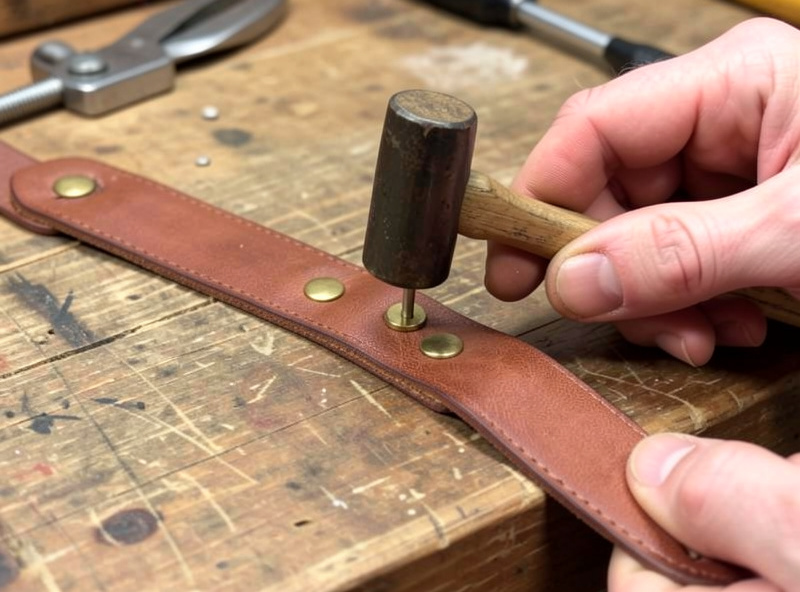 Hands setting a solid brass rivet into a leather luggage tag strap with a mallet