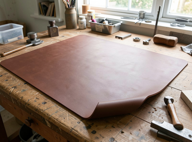 A large leather desk mat pressed flat under weights to prevent curling