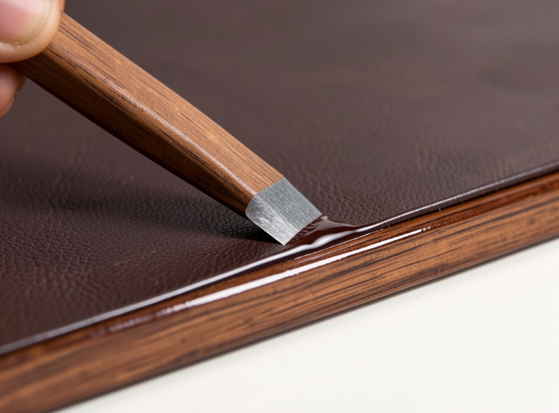 Burnishing the long edge of a thick leather desk mat with a hardwood slicker