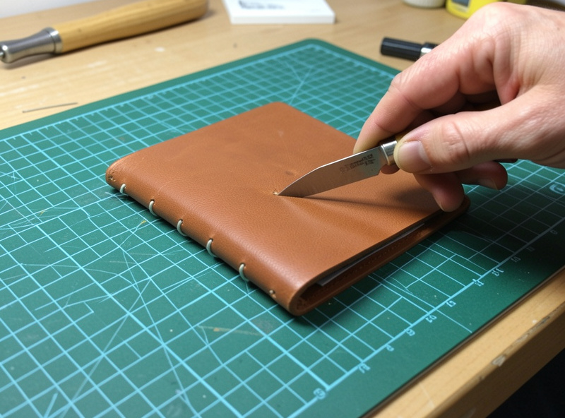 Craftsman skiving the spine fold of a veg-tan passport cover thin with a paring knife