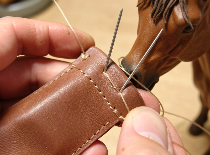 Saddle stitching the side seam of a leather pen slip with two needles