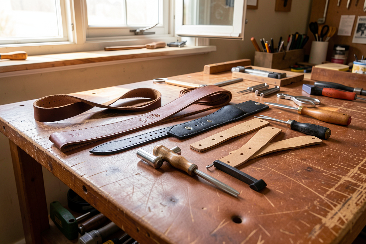 Leather workbench with a guitar strap, camera strap, and belt blanks among pricking irons and edge slickers