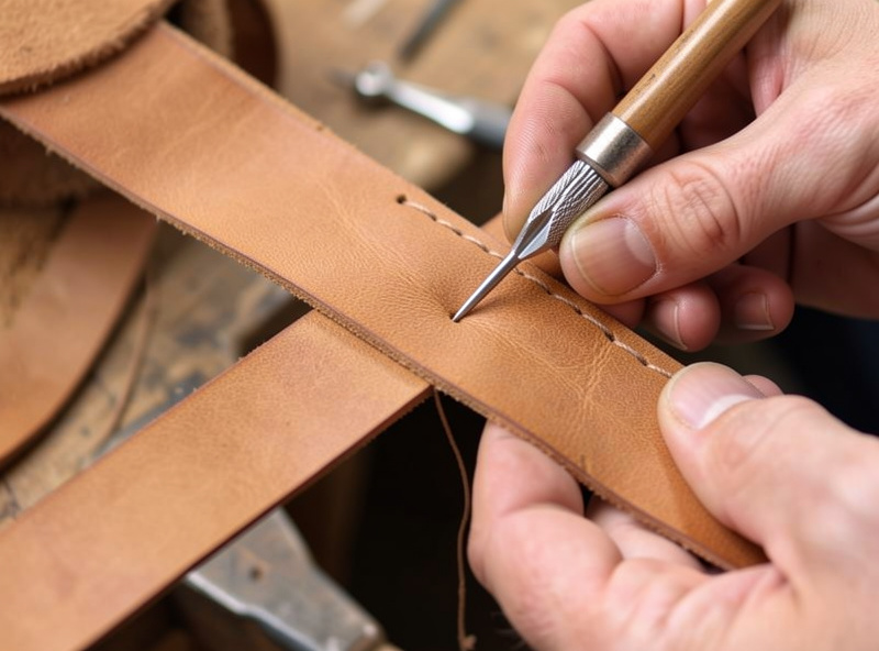 Hands saddle-stitching a wide veg-tan strap held in a stitching pony with waxed thread taut