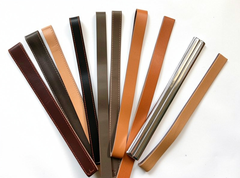 Leather straps in bridle, harness, and soft chrome-tan fanned out showing edge finish differences