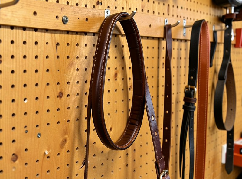 Finished padded leather camera strap and guitar strap hanging on a workshop pegboard with burnished edges