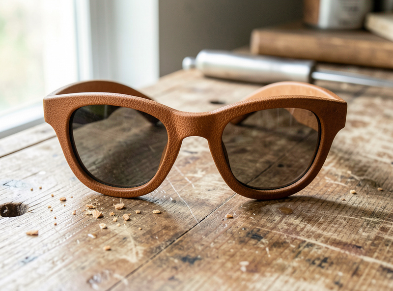Wet-formed rigid veg-tan leather sunglasses shell molded around a wooden form