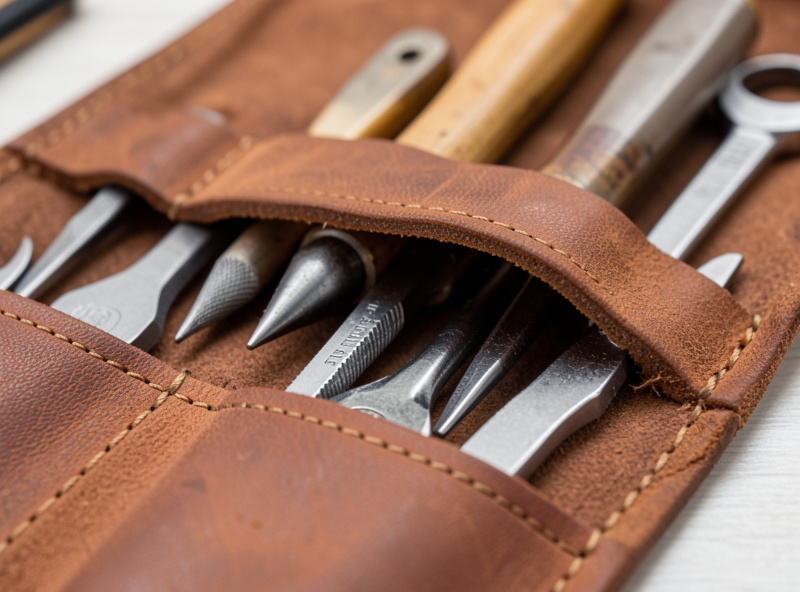 Close-up of the protective flap folded over the tips of tools in a leather tool roll